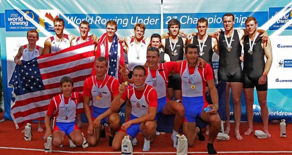 The podium of the under-23 mens coxed fours The podium of the under-23 mens coxed fours